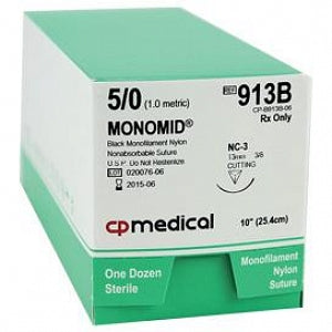 CP Medical Monomid Nylon Nonabsorbable Sterile Sutures - Black Nylon Suture, 5-0, C-3, 10" - 913B