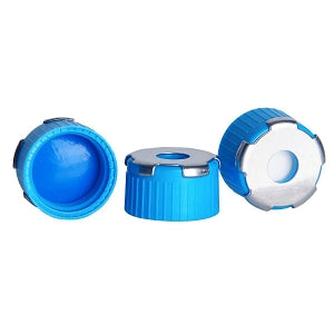 DWK 18mm PTFE Caps - 18mm Screw Cap with Steel Overlay, White Silicone, Blue PTFE Microcenter SPME, 100/Pack - 18-4100