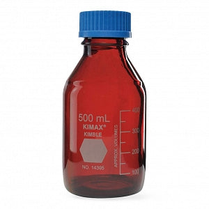 DWK Kimble Round Glass Media Bottles with Blue Screw Caps - GL 45 Media Storage Bottles, RAY-SORB, 500 mL Capacity, 100 mL to 400 mL Graduation Range, Blue Polypropylene Cap - 14399-500