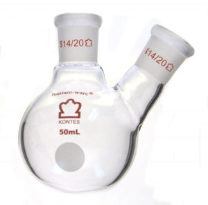 DWK Life Sciences Kimble Angled Two Neck RB Flask - Angled Two Neck Round Bottom Flask, 50 mL, 14/20, 14/20 - 294990-0050