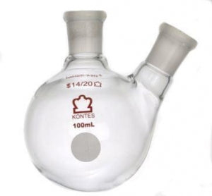 DWK Life Sciences Kimble Angled Two Neck RB Flask - Angled Two Neck Round Bottom Flask, 100 mL, 14/20, 14/20 - 294990-0100