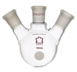 DWK Life Sciences Kimble Angled Three Neck RB Flask - Angled 3-Neck Round-Bottom Distilling Flask, 14/20 Center ST Joint, 14/20 Side ST Joint, 50mL - 295550-0050