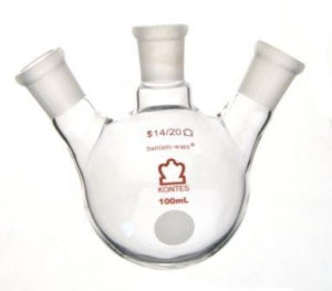 DWK Life Sciences Kimble Angled Three Neck RB Flask - Angled 3-Neck Round-Bottom Distilling Flask, 14/20 Center ST Joint, 14/20 Side ST Joint, 100mL - 295550-0100