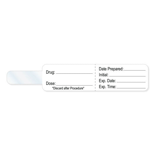 Brady Healthcare Syringe Flag Labels - Syringe Flag Label with Preprinted Text, Drug / Dose / Discard After Procedure, 4" x 3/4", White with Clear Tail - SYRFLG-B02