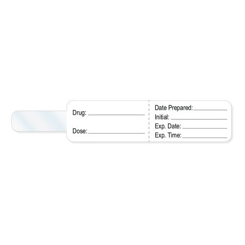 Brady Healthcare Syringe Flag Labels - Syringe Flag Label with Preprinted Text, Drug / Dose, 4" x 3/4", White with Clear Tail - SYRFLG-B01