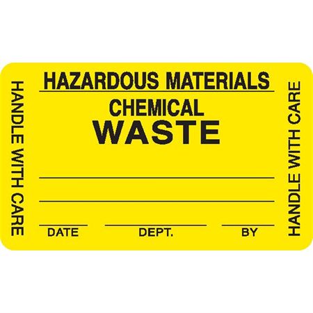 Caution Labels HAZARDOUS MATERIALS CHEMICAL WASTE HANDLE WITH CARE" - Yellow with black text and blank areas to be filled in - 2.5"W x 1.5"H