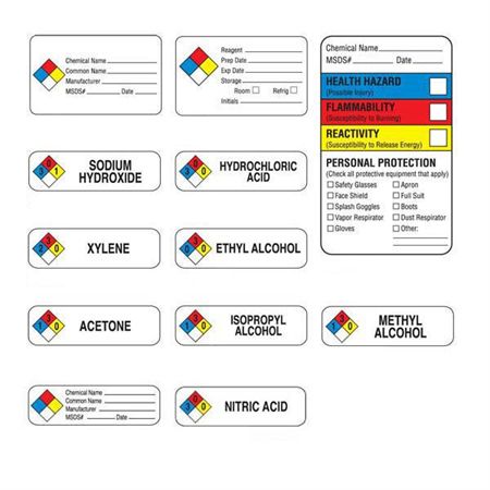 Chemical Hazard Labels Chemical Name__, Common Name__, Manufacturer__, MSDS___, Date__" - White with black text and NFPA hazard diamond - 2.5"W x 1.5"H