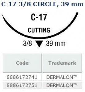 Medtronic Dermalon Sutures - Dermalon Suture, Blue, Size 3/0, 30", CE-12/C-1 Needles - 88861727-41