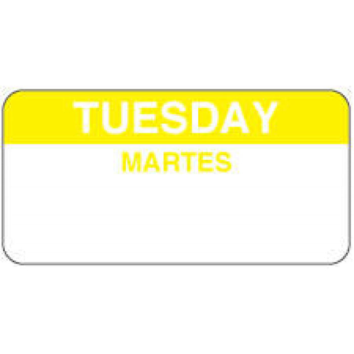 Label Paper Permanent Tuesday Martes 2" X 1" White With Yellow 1000 Per Roll