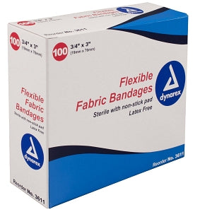 Dynarex Adhesive Fabric Bandages - Adhesive Fabric Bandage, 3/4" x 3" - 3611