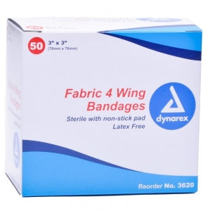 Dynarex Adhesive Fabric Bandages - Adhesive Fabric Bandage with 4 Wings, 3" x 3" - 3620