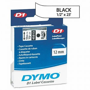 Dymo D1 Standard Cartridge Labels - D1 High-Performance Polyester Removable Label Tape, 1/2" x 23', Black on White - 45013