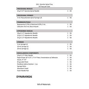 Medline Spinal Block Trays with Pharmaceuticals - Spinal Tray, 22G X 3.5" Quincke with Pharmaceuticals, 10/Case - DYNJRA9026