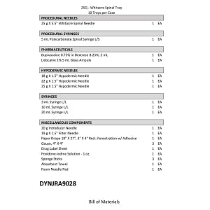 Medline Spinal Block Trays with Pharmaceuticals - Spinal Tray, 25G X 3.5" with Pharmaceuticals, 10/Case - DYNJRA9028
