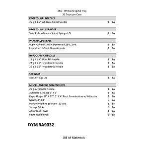 Medline Spinal Block Trays with Pharmaceuticals - Spinal Tray, 25G X 3.5" with Pharmaceuticals, Blunt Fill Needle - DYNJRA9032