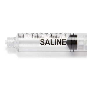 Medline High-Pressure Medication Colored Syringes, 10 mL - Sterile High-Pressure Pre-Labeled Saline Syringe with Fixed Male Luer Lock Fitting, 10 mL, White - DYNJSYRSAL10W