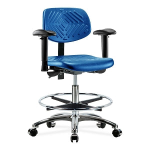 E Com Seating Polyurethane Medium Bench-Height Chairs - Medium Bench-Height Chair, Polyurethane, Chrome Foot Ring, Arms, Casters, Blue - PMBCH-CR-T0-A1-CF-CC-BLU