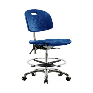 E Com Seatin, Inc. Newport Class 100 Clean Room Industrial Desk-Height Chairs - Newport Class 100 Cleanroom Medium-Height Chair, Polyurethane, Seat Tilt, Chrome Foot Ring, Casters, Blue - CLR-HPMBCH-CR-T1-A0-CF-CC-BLU