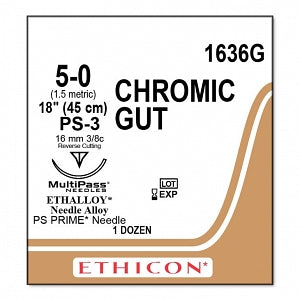 Ethicon Surgical Chromic Gut Sutures - SUTURE, 5/0 18 CHROMIC GUT, BL PS-, VA - 1636G