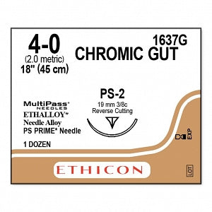 Ethicon Surgical Chromic Gut Sutures - SUTURE, 4/0 18 CHROMIC GUT, PS-2, VA - 1637G