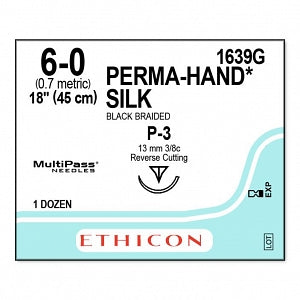 Ethicon Perma-Hand Black Silk Sutures - SUTURE, PERMA-HAND, BLACK, 6/0, 18, P-3, VA - 1639G