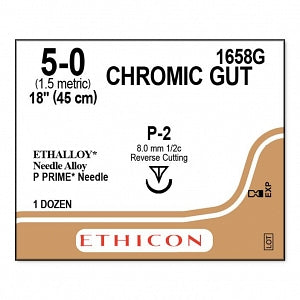 Ethicon Surgical Chromic Gut Sutures - SUTURE, 5/0 18 CHROMIC GUT, BL P-2, VA - 1658G