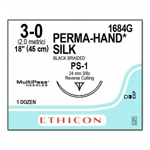 Ethicon Perma-Hand Black Silk Sutures - SUTURE, PERMA-HAND, BLACK, 3/0, 18, PS-1, VA - 1684G