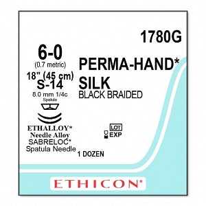 Ethicon Perma-Hand Black Silk Sutures - SUTURE, PERMA-HAND, BLACK, 6/0, 18, S-14, VA - 1780G