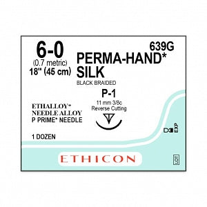 Ethicon Perma-Hand Black Silk Sutures - SUTURE, PERMA-HAND, BLACK, 6/0, 18, P-1, VA - 639G