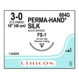 Ethicon Perma-Hand Black Silk Sutures - SUTURE, PERMA-HAND, BLACK, 3/0, 18, FS-1, VA - 684G