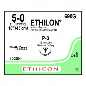 Ethicon Ethilon Undyed Nylon Sutures - SUTURE, ETHILON, MONO, UNDYED, 5/0, 18, P-3, VA - 690G