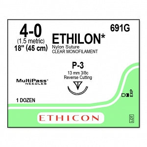 Ethicon Ethilon Undyed Nylon Sutures - SUTURE, ETHILON, MONO, UNDYED, 4/0, 18, P-3, VA - 691G