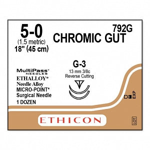 Ethicon Surgical Chromic Gut Sutures - SUTURE, 5/0, 18IN, CHROMIC GUT, G-3, VA - 792G