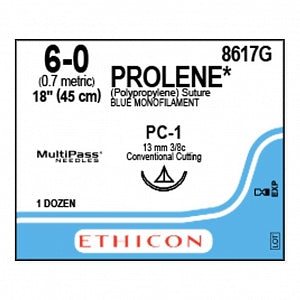 Ethicon Prolene Blue Needled Sutures - SUTURE, PROLENE, MONO, BLUE, 6/0, 18, PC-1, VA - 8617G