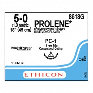 Ethicon Prolene Blue Needled Sutures - SUTURE, PROLENE, MONO, BLUE, 5/0, 18, PC-1, VA - 8618G