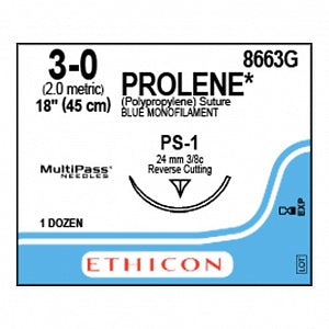 Ethicon Prolene Blue Needled Sutures - SUTURE, PROLENE, MONO, BLUE, 3/0, 18, PS-1, VA - 8663G