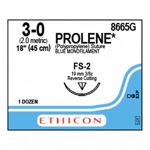 Ethicon Prolene Blue Needled Sutures - SUTURE, PROLENE, MONO, BLUE, 3/0, 18, FS-2, VA - 8665G