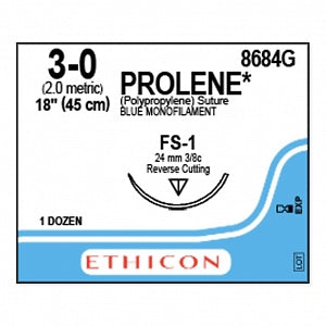 Ethicon Prolene Blue Needled Sutures - SUTURE, PROLENE, MONO, BLUE, 3/0, 18, FS-1, VA - 8684G