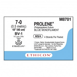 Ethicon Prolene Blue Needled Sutures - SUTURE, PROLENE, MONO, BLU, 7/0, 4-18, BV-1, VA - M8701