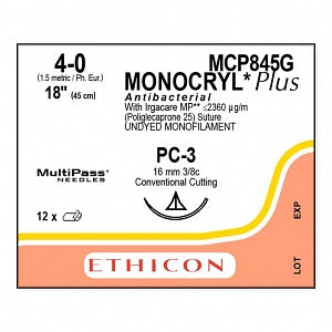 Ethicon Monocryl Plus Undyed Poliglecaprone 25 Sutures - SUTURE, MONOCRYL PLUS UD 40 18 PC3, VA - MCP845G