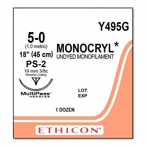 Ethicon Monocryl Plus Undyed Poliglecaprone 25 Sutures - SUTURE, 5/0 18 MONOCRYL UND MONO, VA - Y495G