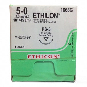 Ethicon Precision Point Nonabsorbable Nylon Surgical Monofilament Suture - Precision Point Nonabsorbable Nylon Surgical Monofilament Suture, Pliabilized, Black, 5/0, 18", PS-3 Needle - 1668G