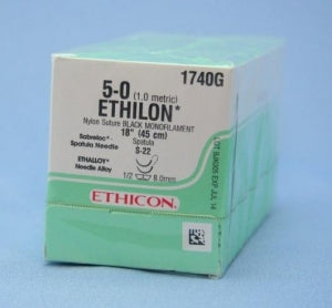 Ethicon Sabreloc Spatula Ethilon Non-Absorbable Sutures - Ethilon Monofilament Suture, Black, 18", Size 5/0, S-22 Needle - 1740G