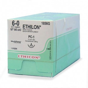 Ethicon Precision Cosmetic Ethilon Nonabsorbable Sutures - Pliabilized Monofilament Suture, Black, 18", Size 6/0, PC-1 Needle - 1856G