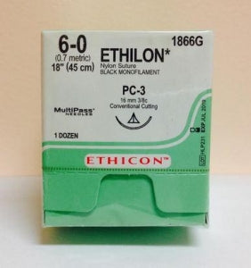 Ethicon Precision Cosmetic Ethilon Nonabsorbable Sutures - Pliabilized Monofilament Suture, Black, 18", Size 6/0, PC-3 Needle - 1866G