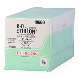 Ethicon Precision Cosmetic Ethilon Nonabsorbable Sutures - Ethilon Monofilament Suture, Black, 18", Size 6/0, PC-3 Needle - 1966G