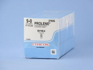 Ethicon Prolene Sutures with Hemo-Seal - PROLENE Polypropylene Monofilament Suture, Blue, BV100-3 Needle, Size 9-0, 5" - 2793G