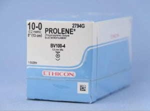 Ethicon Prolene Sutures with Hemo-Seal - PROLENE Polypropylene Monofilament Suture, Blue, BV100-3 Needle, Size 10-0, 5" - 2794G