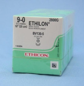 Ethicon Ethilon Taper Point Sutures - Ethilon Monofilament Suture, Black, 10", Size 9/0, BV130-5 Needle - 2800G