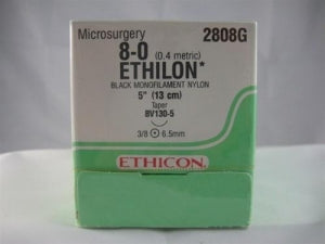 Ethicon Ethilon Taper Point Sutures - Ethilon Monofilament Suture, Black, 5", Size 8/0, BV130 Needle - 2808G